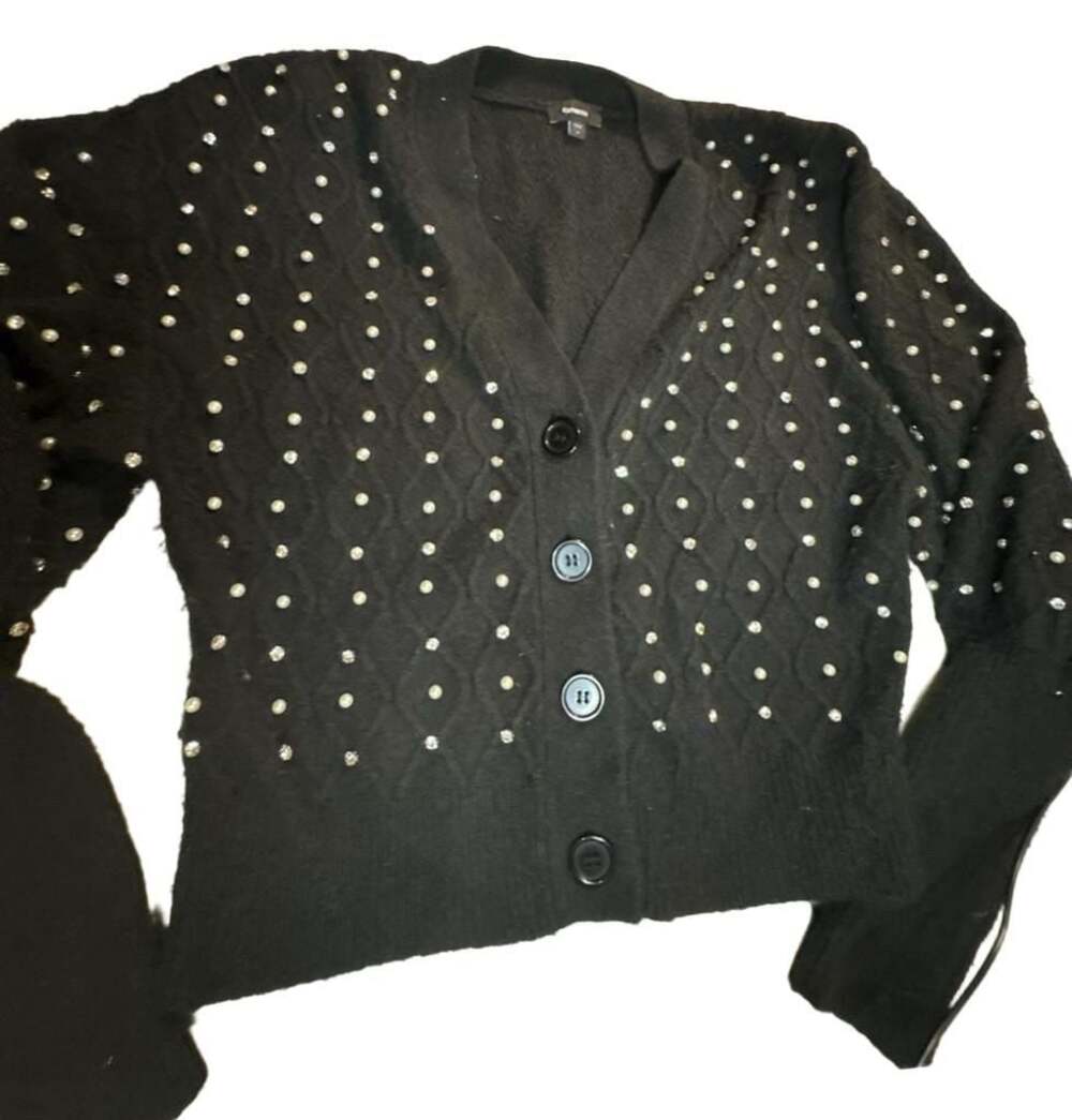Express Black Faux Pearl Cardigan Sweater